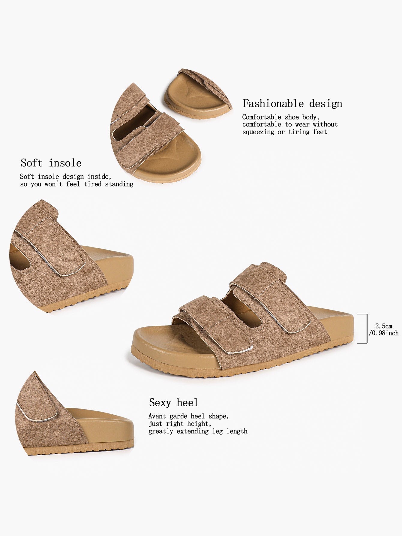 Black Suede-Effect Double-Strap Velcro Slide Sandals with Cushioned Sole