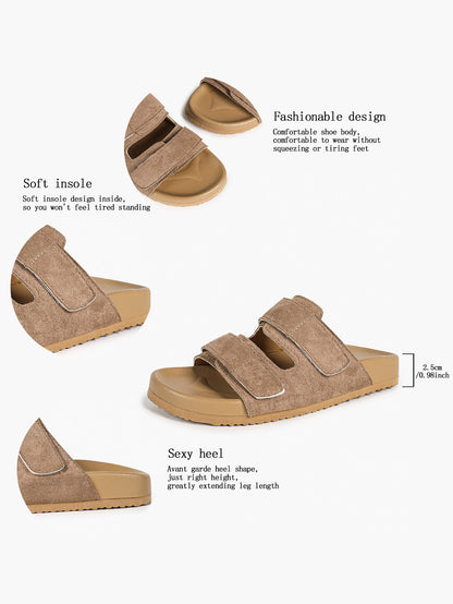 Black Suede-Effect Double-Strap Velcro Slide Sandals with Cushioned Sole