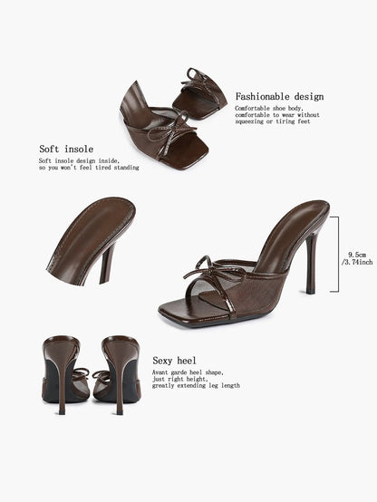 Women's Bowknot Mesh High Heel Sandals 3.74 Inch Open Square Toe Stiletto Sandals YISHIFAN
