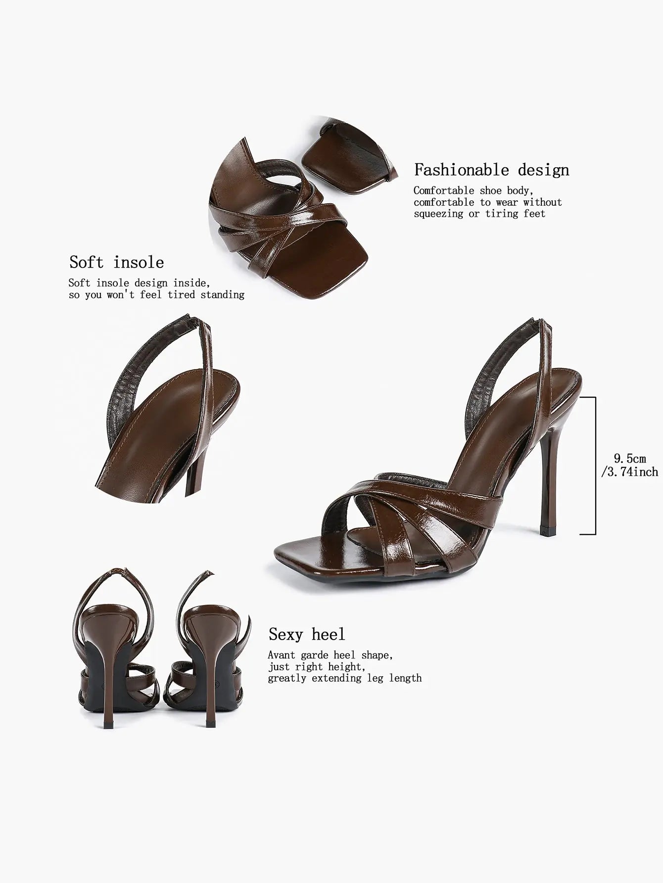 Women's White Leather Square-Toe Stiletto Heels Slingback Heels 3.74 Inch Cross-Strap Stiletto Sandals YISHIFAN