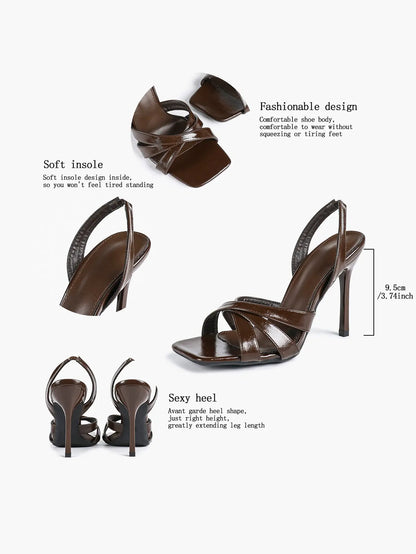Women's White Leather Square-Toe Stiletto Heels Slingback Heels 3.74 Inch Cross-Strap Stiletto Sandals YISHIFAN