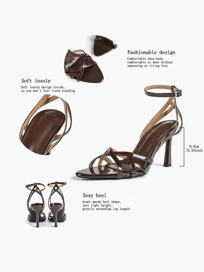 Leather Stiletto Heels for Women Open Pointed Toe Cross Ankle Strap Sandals for Wedding Party YISHIFAN