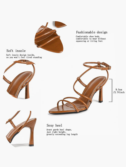 Cognac Multi-Strap Square Toe Stiletto Sandals – Women’s Tubular Toe Strap Ankle Strap Heels YISHIFAN