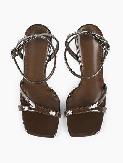 Women's Leather Adjustable Ankle Strap Stiletto Heels High Heels 4.13 Inch Heel Open Square Toe Sandals YISHIFAN