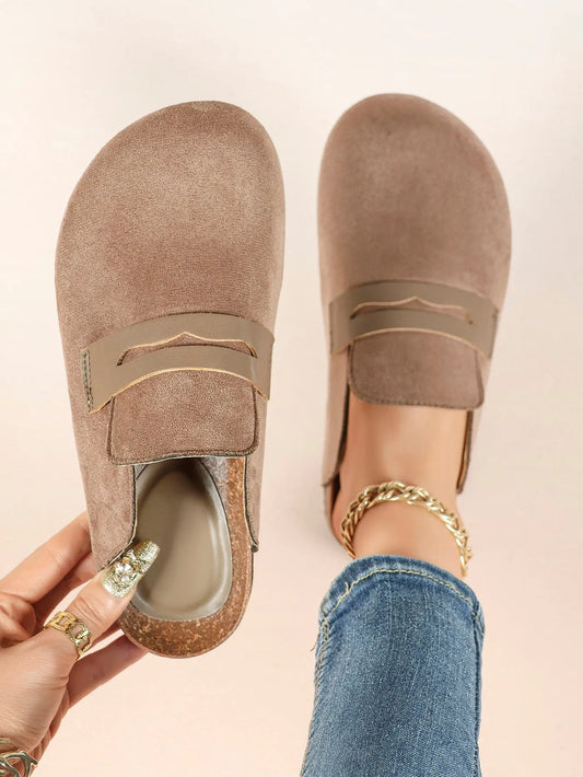 Brown Distressed Suede Penny Loafer Boston Clogs – Women's Cork Platform Closed Toe Mule YISHIFAN