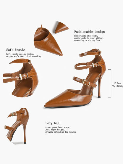 Cream Triple Ankle Strap Stiletto Pumps – Women’s Pointed Toe Cage Heel High Heels YISHIFAN