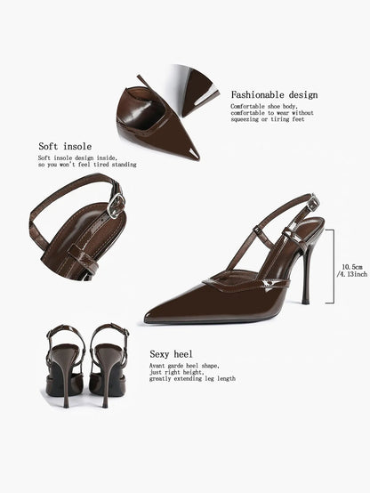 Women's Black Leather High-Heel Sandals Pointed Toe Stiletto Heels Office with for Wedding Party YISHIFAN