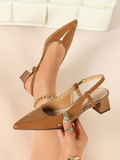 Caramel Patent Pointed-Toe Slingback Pumps with Split-Strap Detail and Block Heel