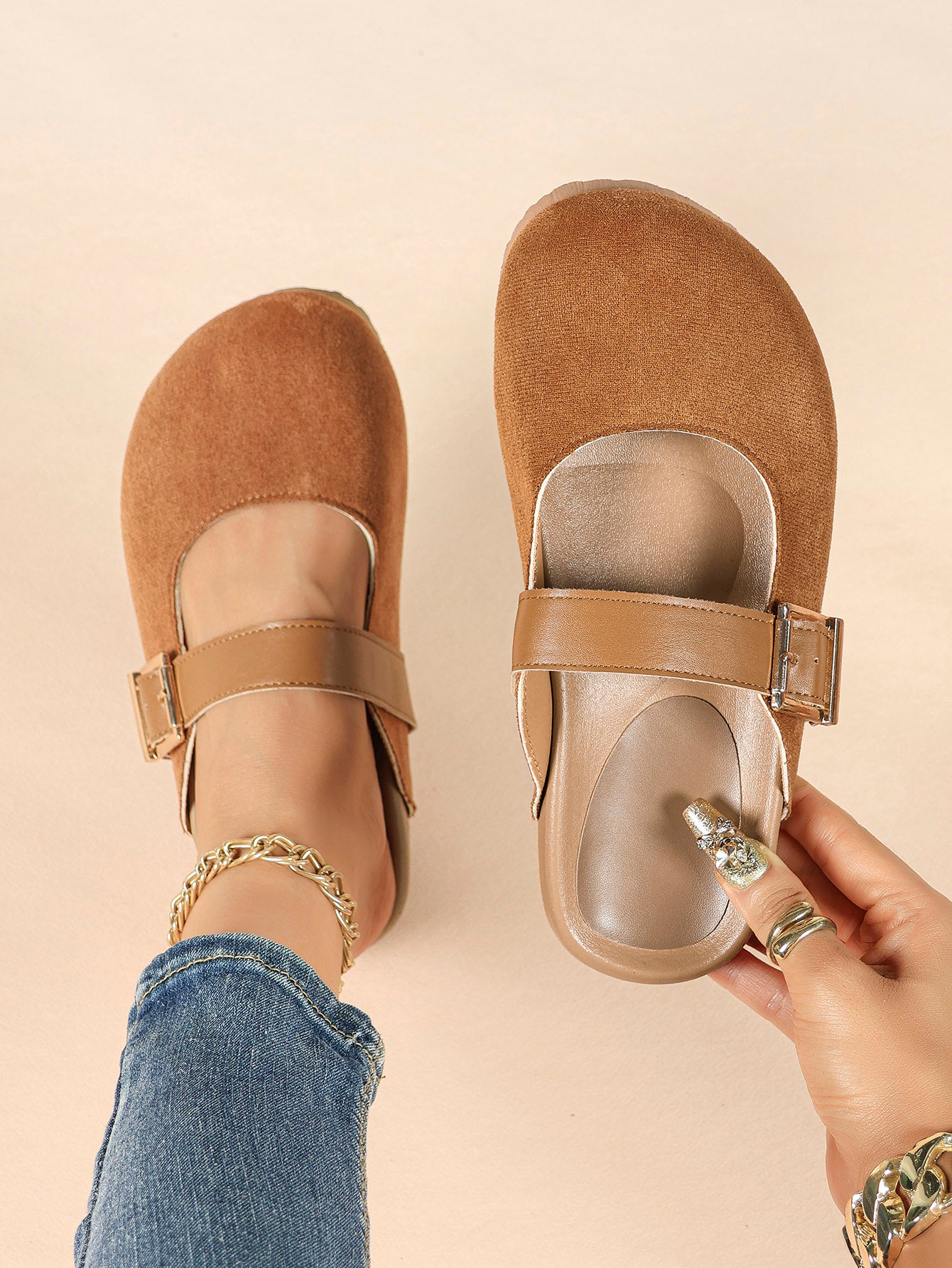 Black Suede Buckled Strap Slip-On Mules with Gold-Tone Hardware