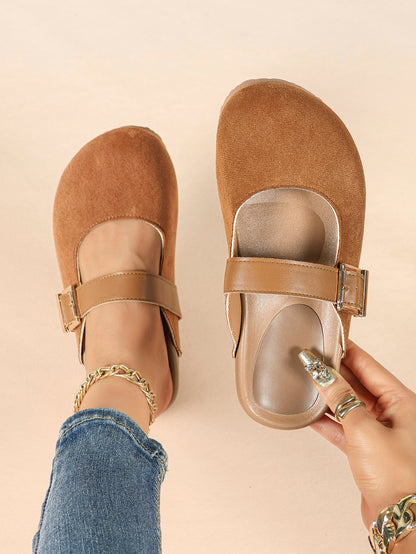 Black Suede Buckled Strap Slip-On Mules with Gold-Tone Hardware