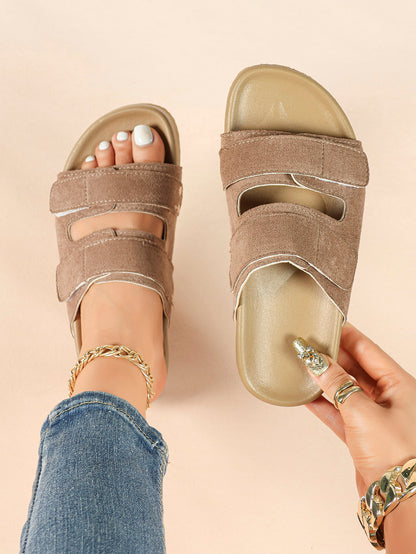 Black Suede-Effect Double-Strap Velcro Slide Sandals with Cushioned Sole