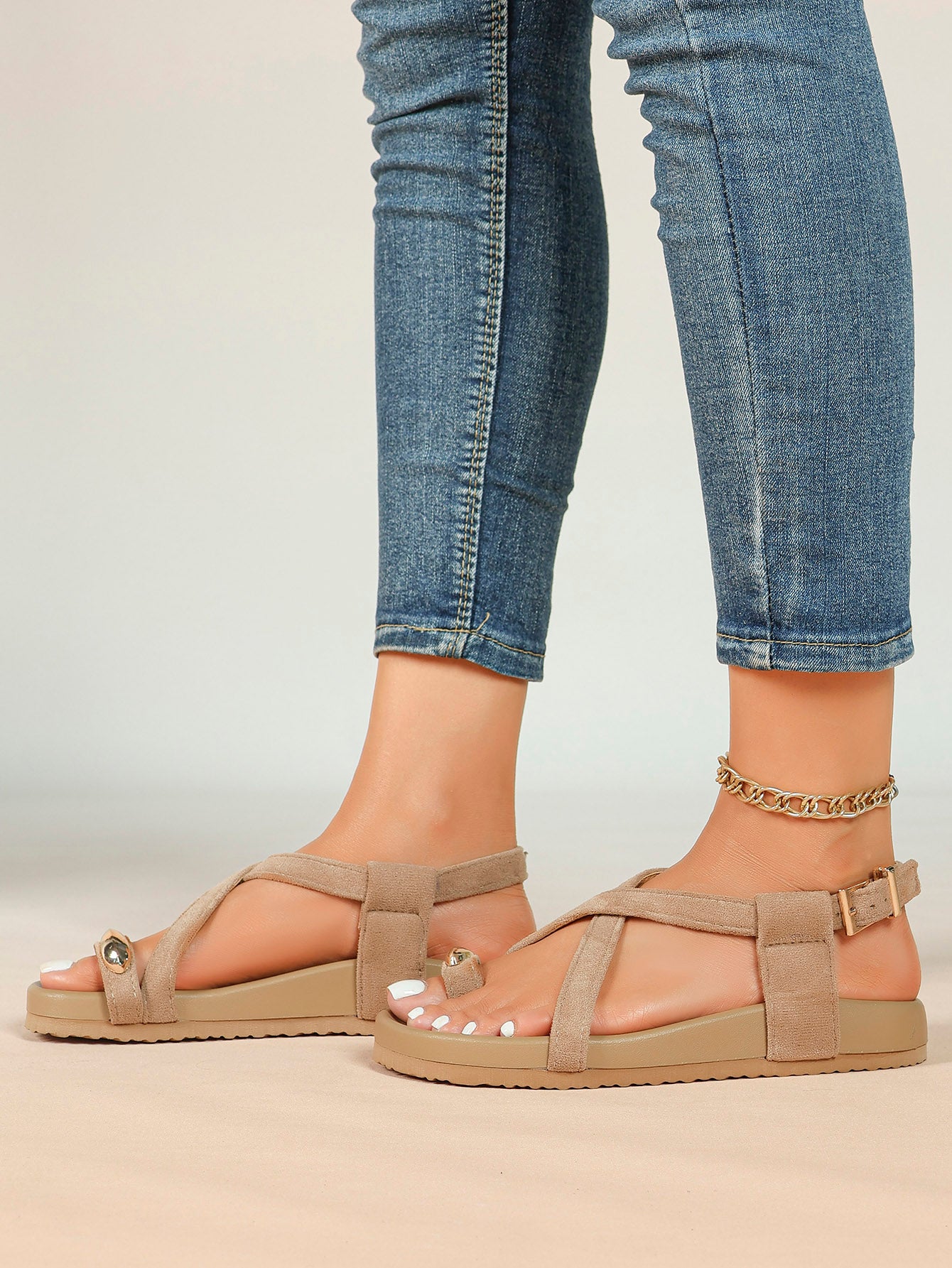 Olive Green Suede Criss-Cross Strap Sandals with Gold-Tone Oval Detail and Platform Sole