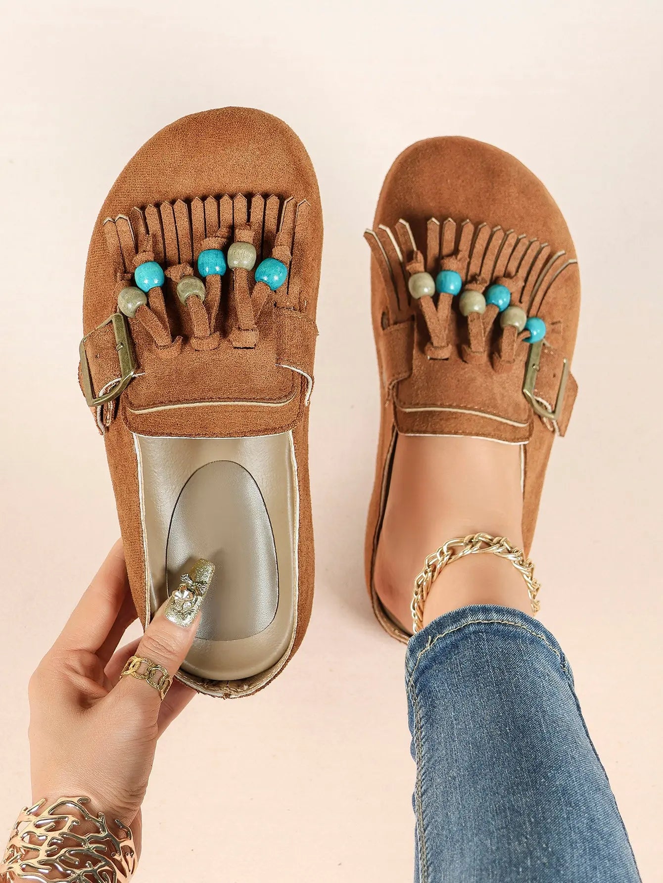 Dark Green Suede Tassel & Turquoise Bead Buckle Boston Clogs – Women's Boho Closed Toe Mule YISHIFAN