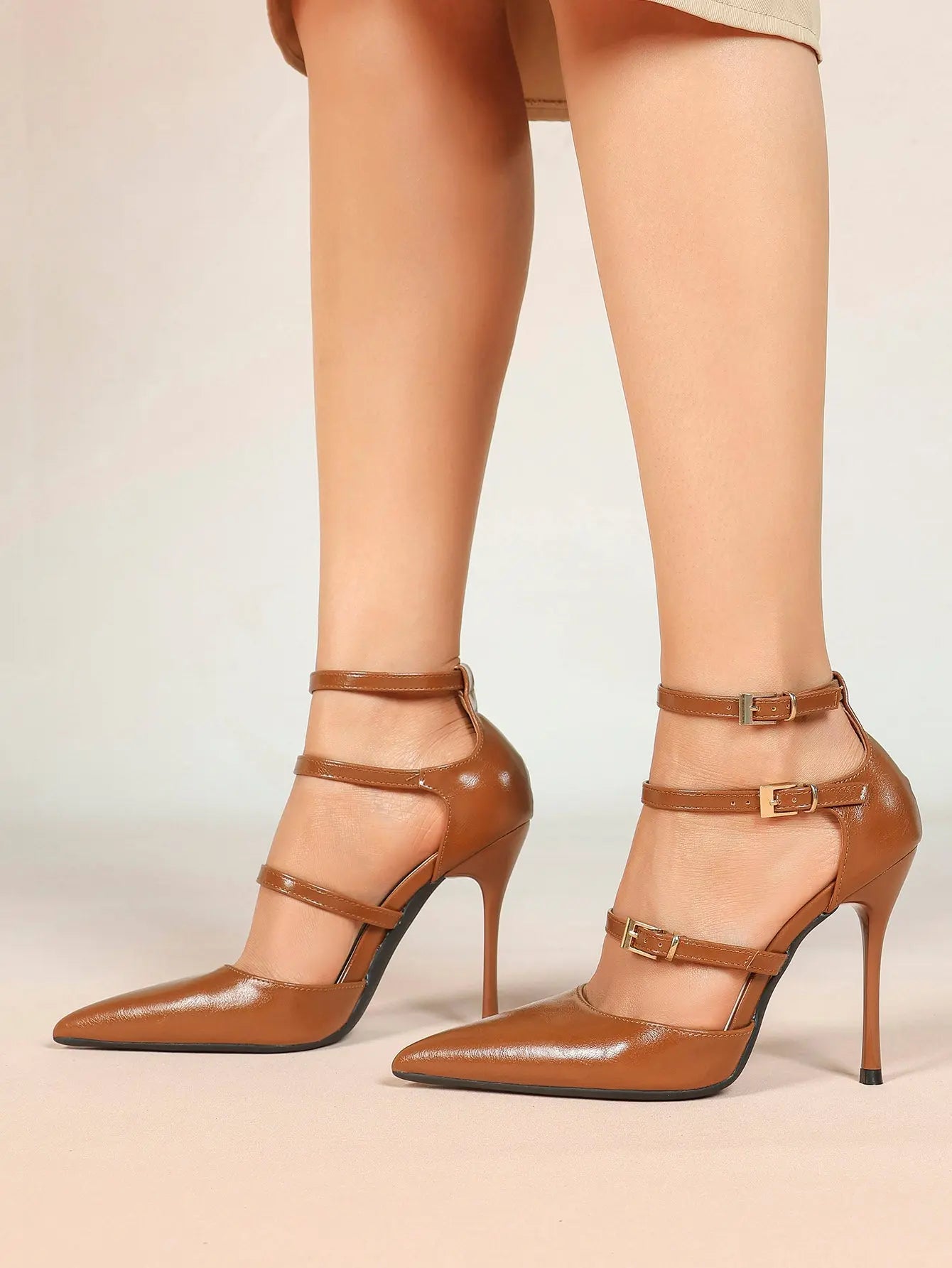 Cream Triple Ankle Strap Stiletto Pumps – Women’s Pointed Toe Cage Heel High Heels YISHIFAN