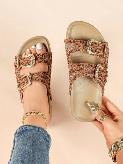 Tan Woven Double-Strap Platform Slides for Boho Summer Style