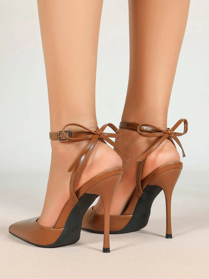 Black Patent D’Orsay Bow Ankle Strap Stiletto Heels – Women’s Pointed Toe High Heels YISHIFAN