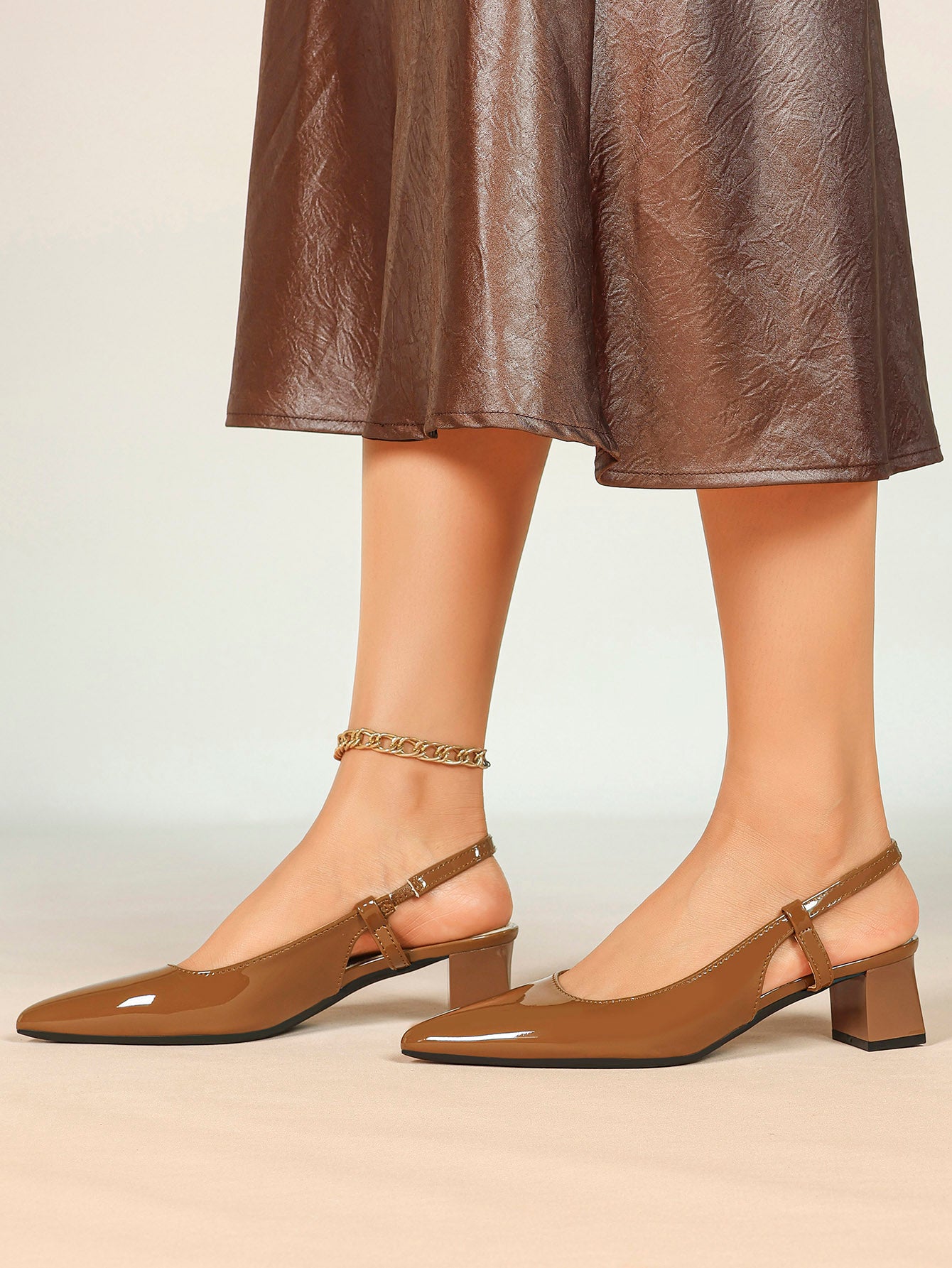 Caramel Patent Pointed-Toe Slingback Pumps with Split-Strap Detail and Block Heel