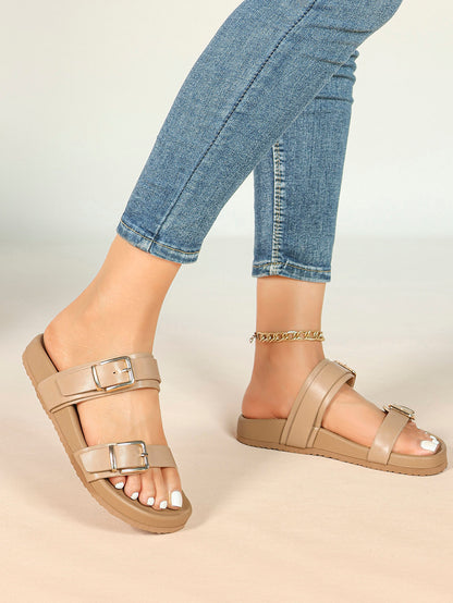White Double-Buckle Platform Slide Sandals with Gold-Tone Hardware