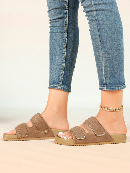 Black Suede-Effect Double-Strap Velcro Slide Sandals with Cushioned Sole