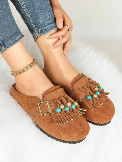 Dark Green Suede Tassel & Turquoise Bead Buckle Boston Clogs – Women's Boho Closed Toe Mule YISHIFAN