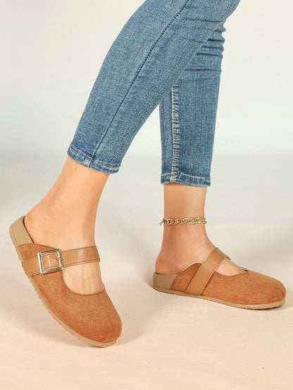 Black Suede Buckled Strap Slip-On Mules with Gold-Tone Hardware