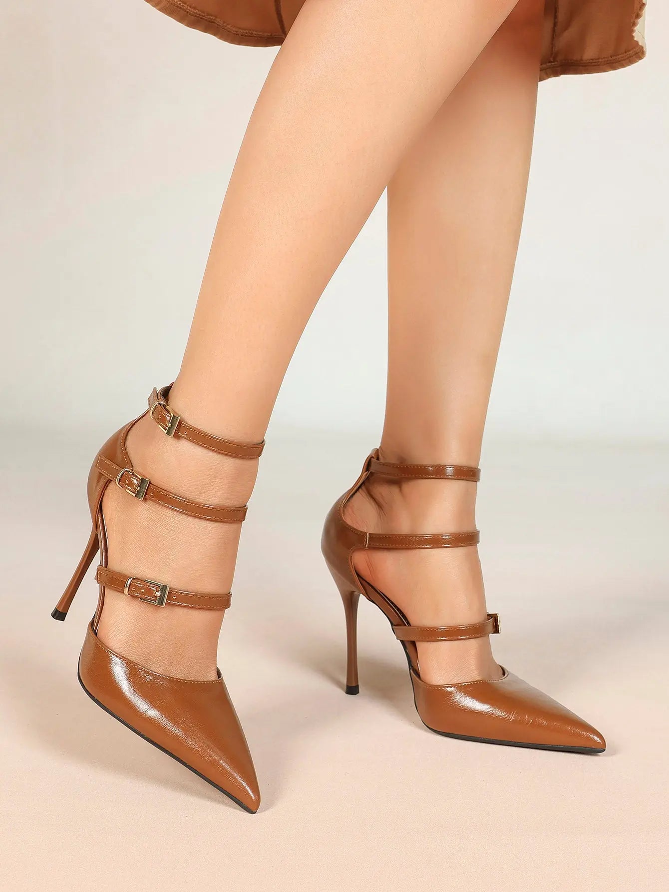 Cream Triple Ankle Strap Stiletto Pumps – Women’s Pointed Toe Cage Heel High Heels YISHIFAN