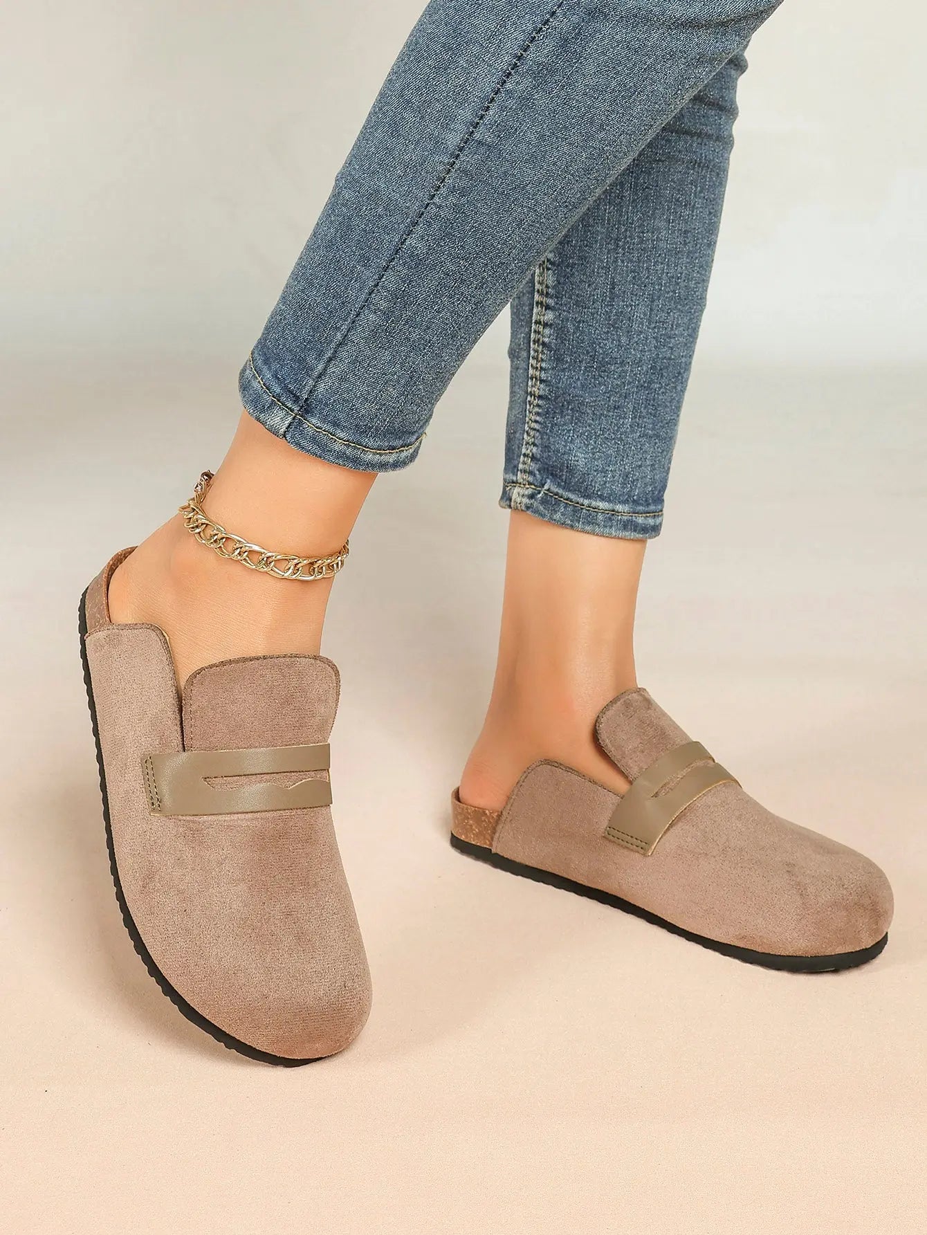 Brown Distressed Suede Penny Loafer Boston Clogs – Women's Cork Platform Closed Toe Mule YISHIFAN