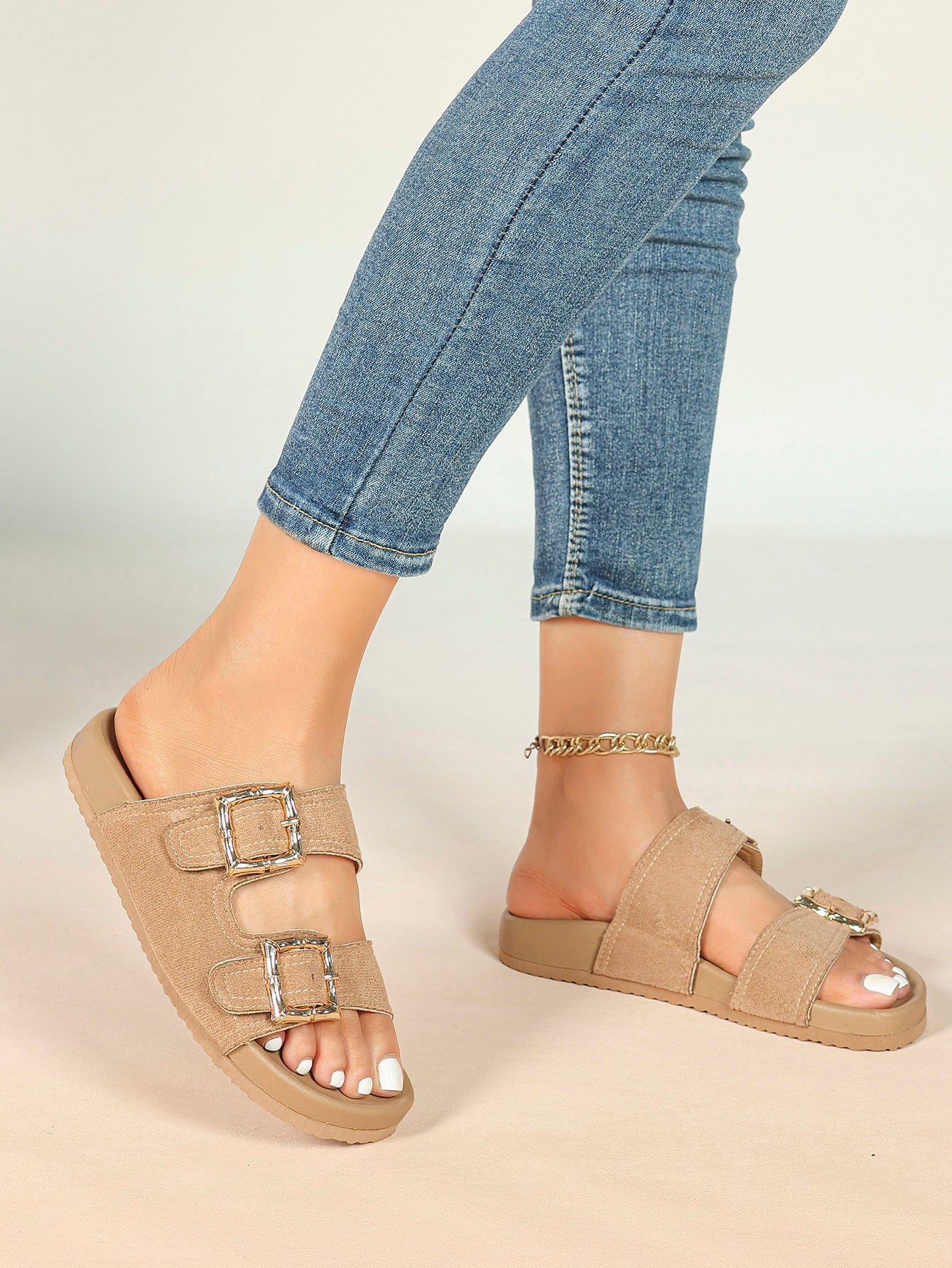 Taupe Suede Two-Strap Comfort Sandals with Gold Buckles