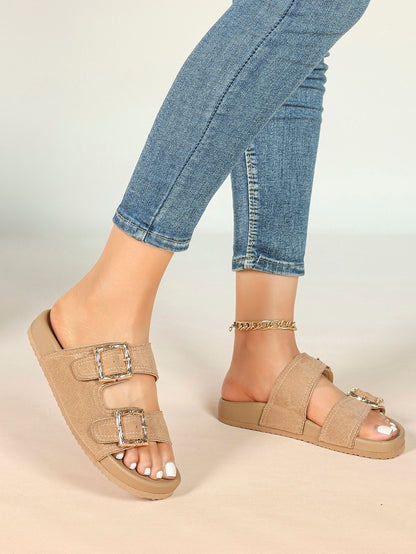 Taupe Suede Two-Strap Comfort Sandals with Gold Buckles