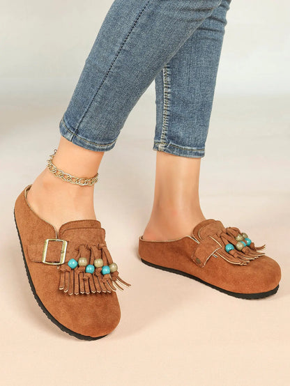Dark Green Suede Tassel & Turquoise Bead Buckle Boston Clogs – Women's Boho Closed Toe Mule YISHIFAN