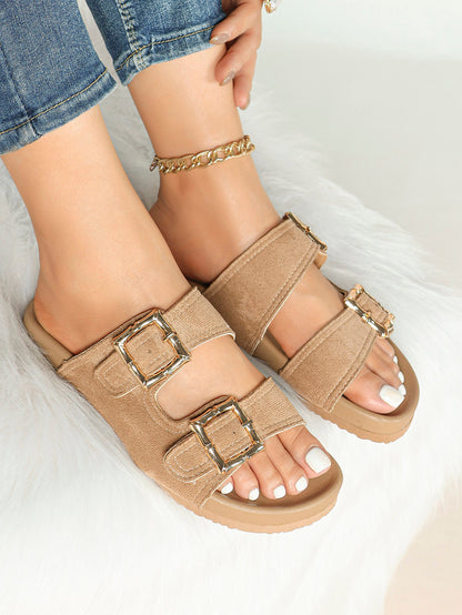 Taupe Suede Two-Strap Comfort Sandals with Gold Buckles