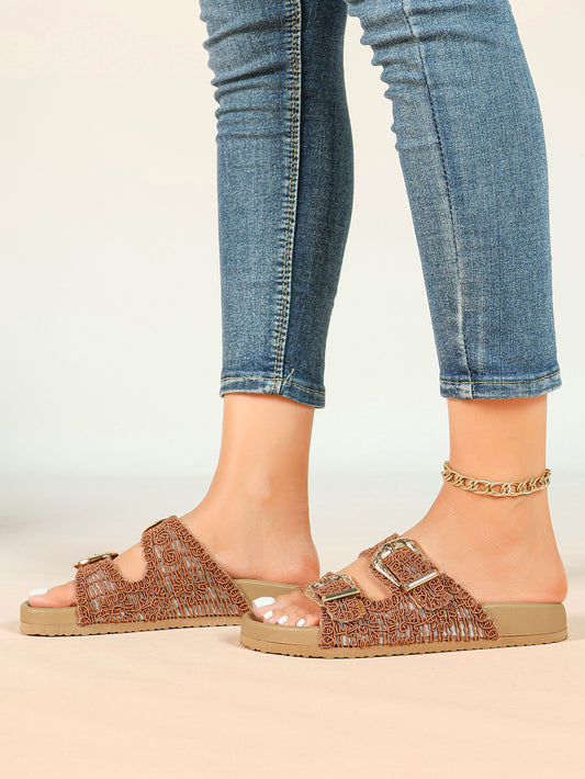 Tan Woven Double-Strap Platform Slides for Boho Summer Style