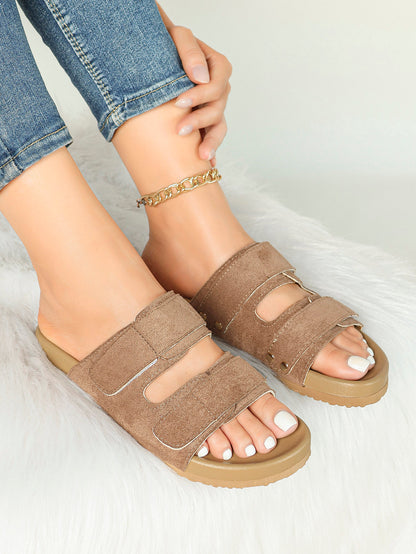 Black Suede-Effect Double-Strap Velcro Slide Sandals with Cushioned Sole