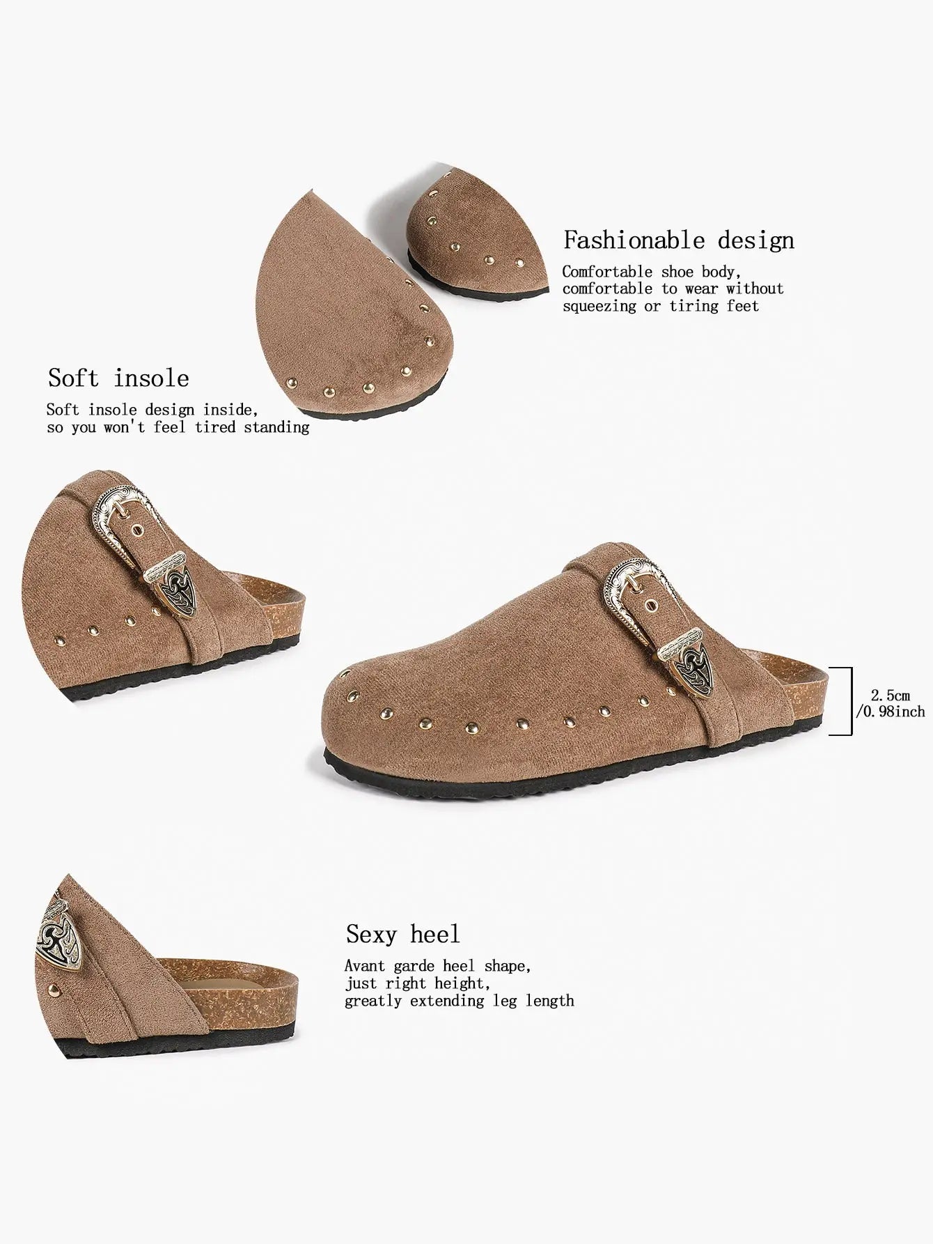 Mocha Suede All-Over Stud Western Engraved Buckle Boston Clogs – Women's Platform Closed Toe Mule YISHIFAN