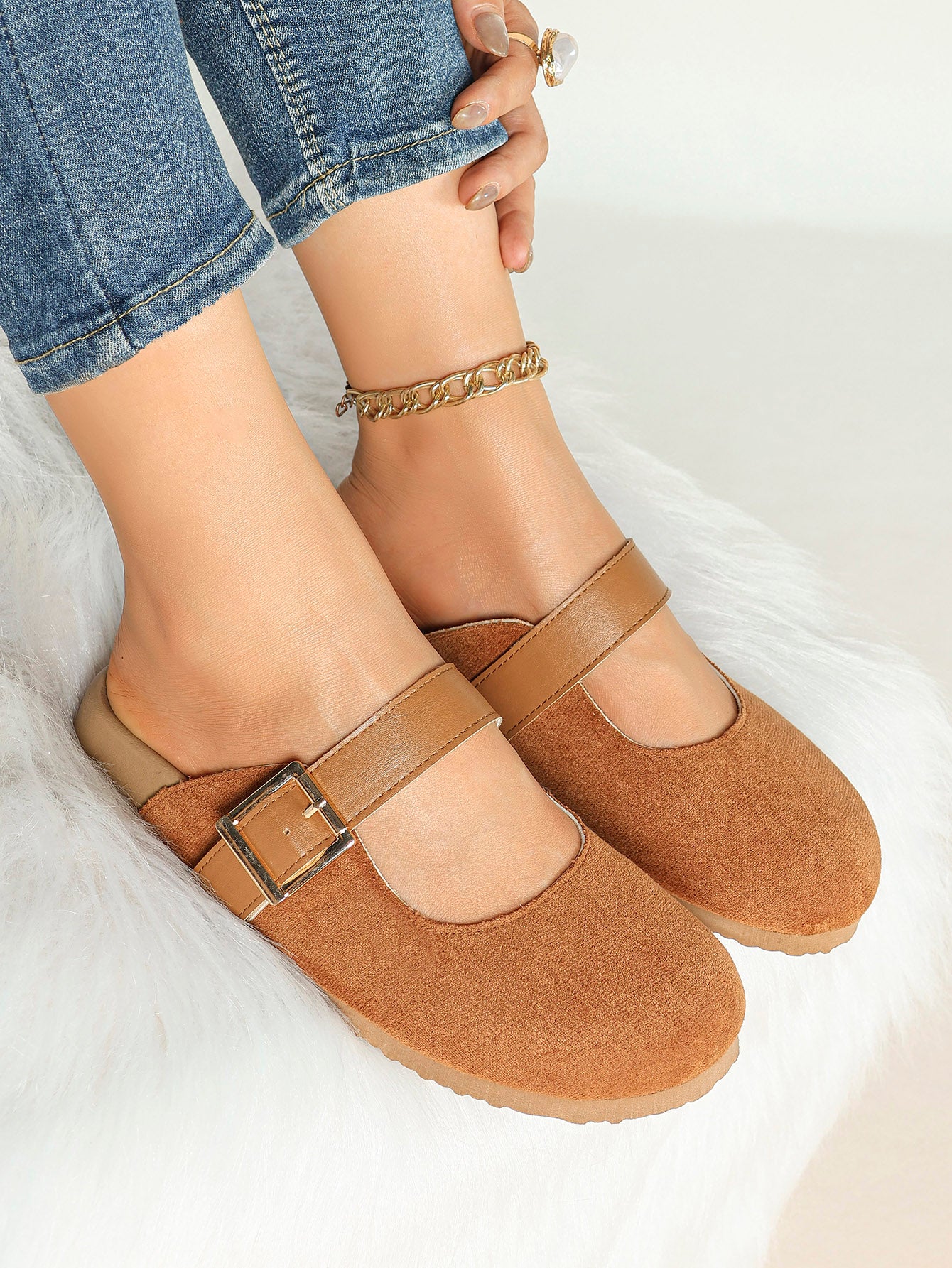 Black Suede Buckled Strap Slip-On Mules with Gold-Tone Hardware