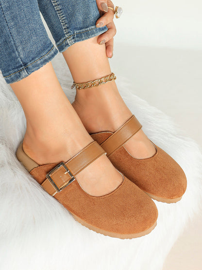 Black Suede Buckled Strap Slip-On Mules with Gold-Tone Hardware