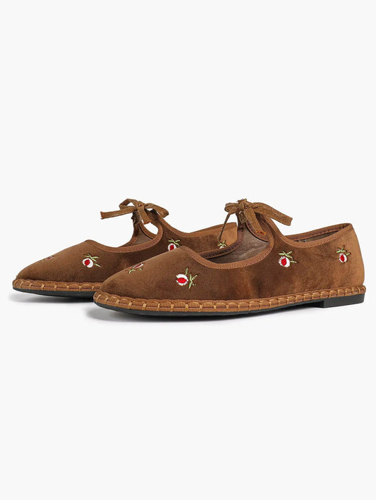 Women's Velvet Mary Jane Ballet Flat Shoes with Bow Straps YISHIFAN