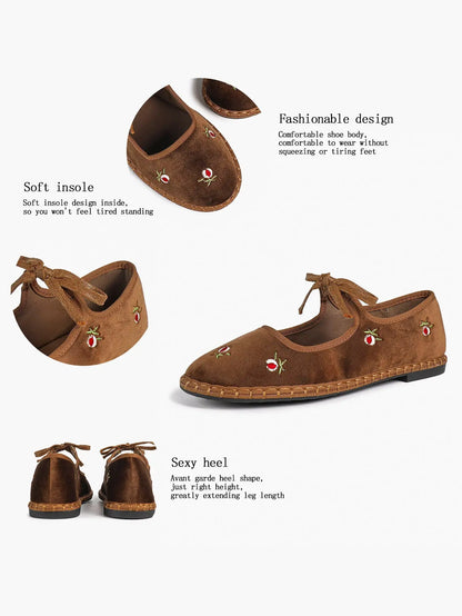Women's Velvet Mary Jane Ballet Flat Shoes with Bow Straps YISHIFAN