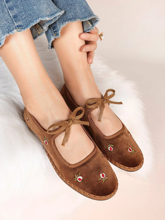 Women's Velvet Mary Jane Ballet Flat Shoes with Bow Straps YISHIFAN