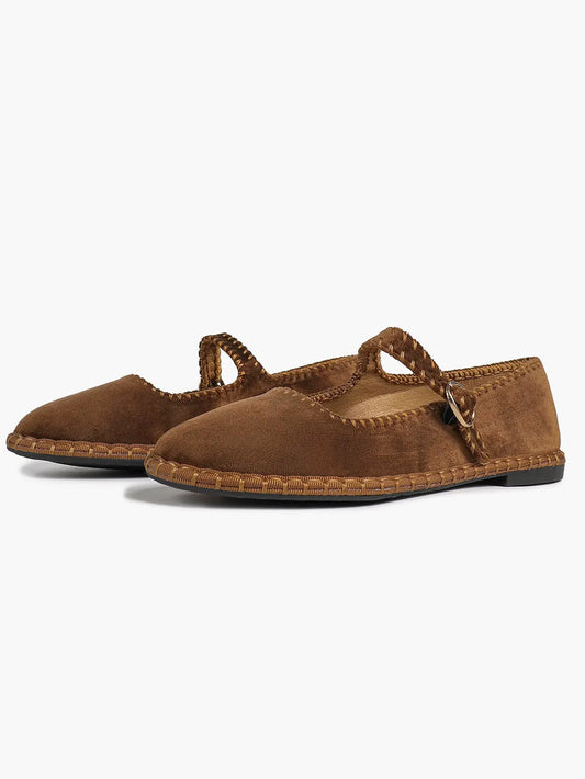 Brown Velvet Mary Janes Shoes Adjustable Strap Round Toe for Work Casual Dress Shoes YISHIFAN