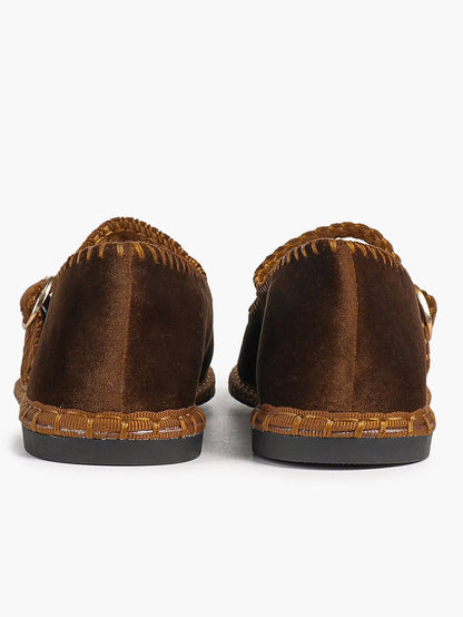Brown Velvet Mary Janes Shoes Adjustable Strap Round Toe for Work Casual Dress Shoes YISHIFAN