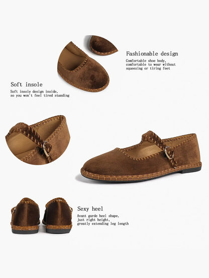 Brown Velvet Mary Janes Shoes Adjustable Strap Round Toe for Work Casual Dress Shoes YISHIFAN