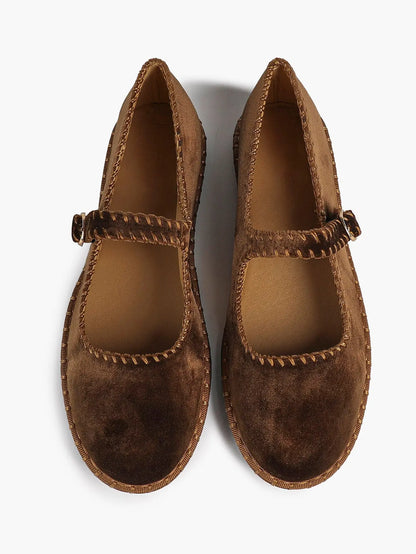 Brown Velvet Mary Janes Shoes Adjustable Strap Round Toe for Work Casual Dress Shoes YISHIFAN