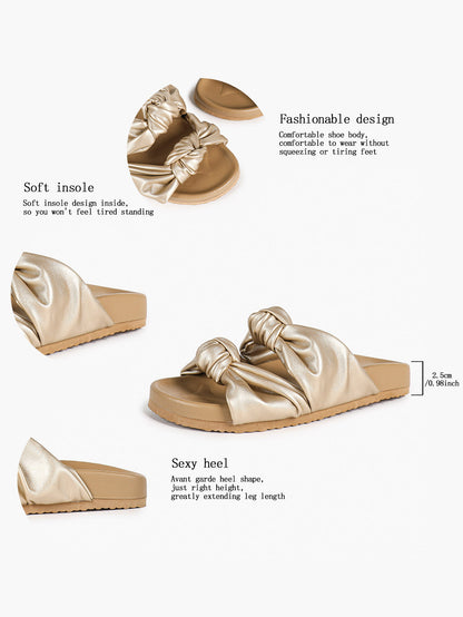 Gold-Tone Ruched Knot Slide Sandals with Lightweight Summer Sole