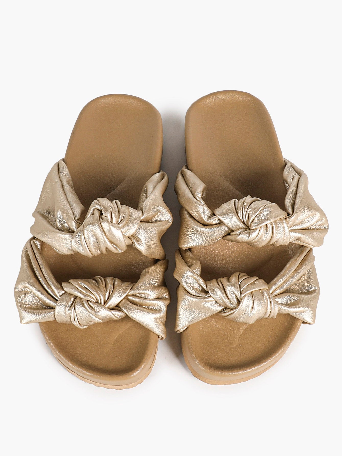 Gold-Tone Ruched Knot Slide Sandals with Lightweight Summer Sole