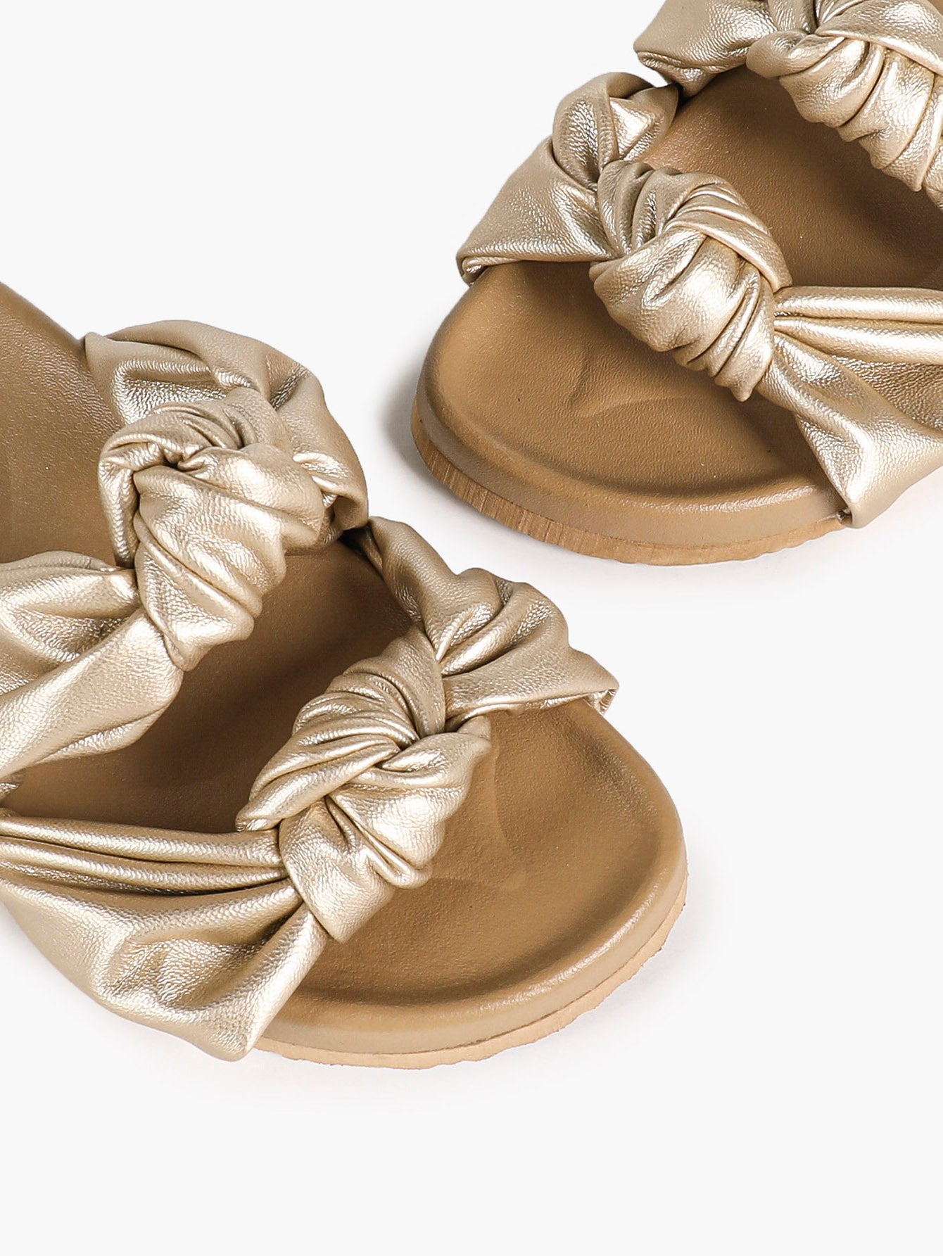 Gold-Tone Ruched Knot Slide Sandals with Lightweight Summer Sole