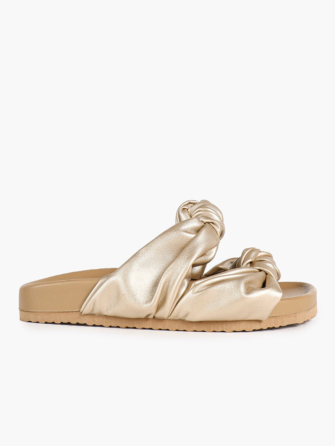 Gold-Tone Ruched Knot Slide Sandals with Lightweight Summer Sole