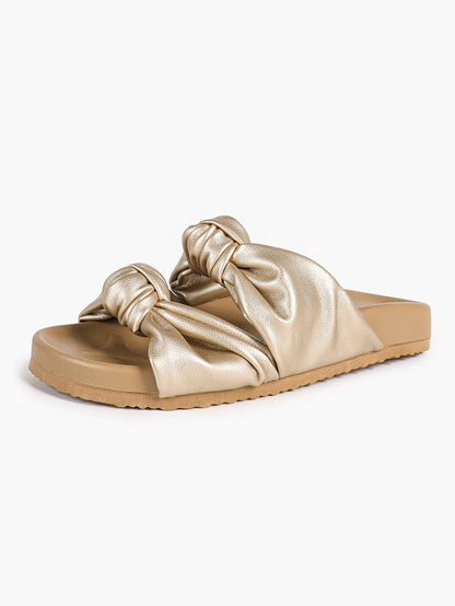 Gold-Tone Ruched Knot Slide Sandals with Lightweight Summer Sole