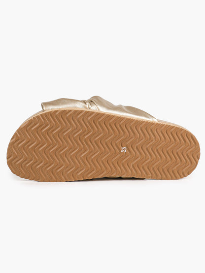 Gold-Tone Ruched Knot Slide Sandals with Lightweight Summer Sole