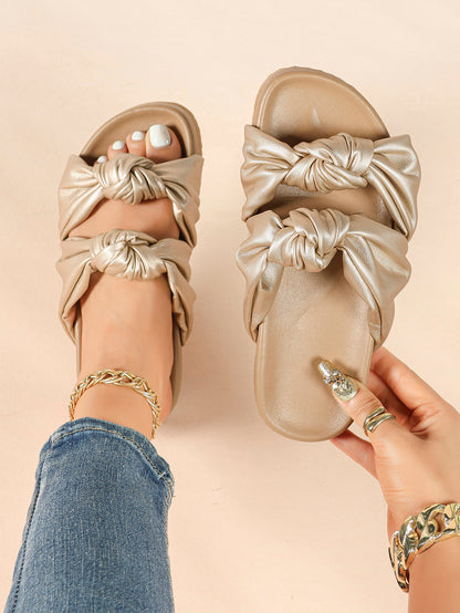 Gold-Tone Ruched Knot Slide Sandals with Lightweight Summer Sole